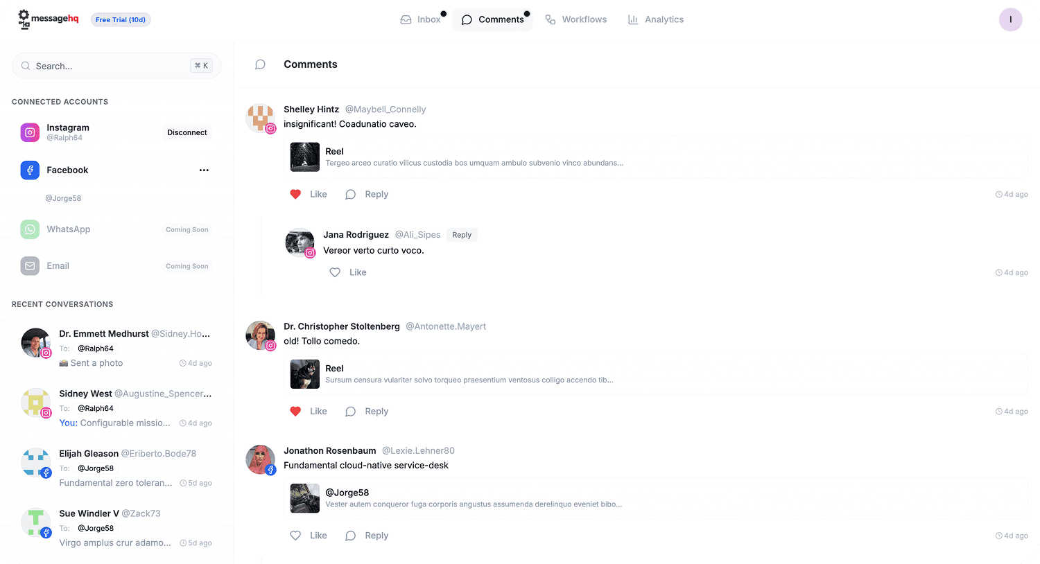 messagehq comments management view with social media comments and replies