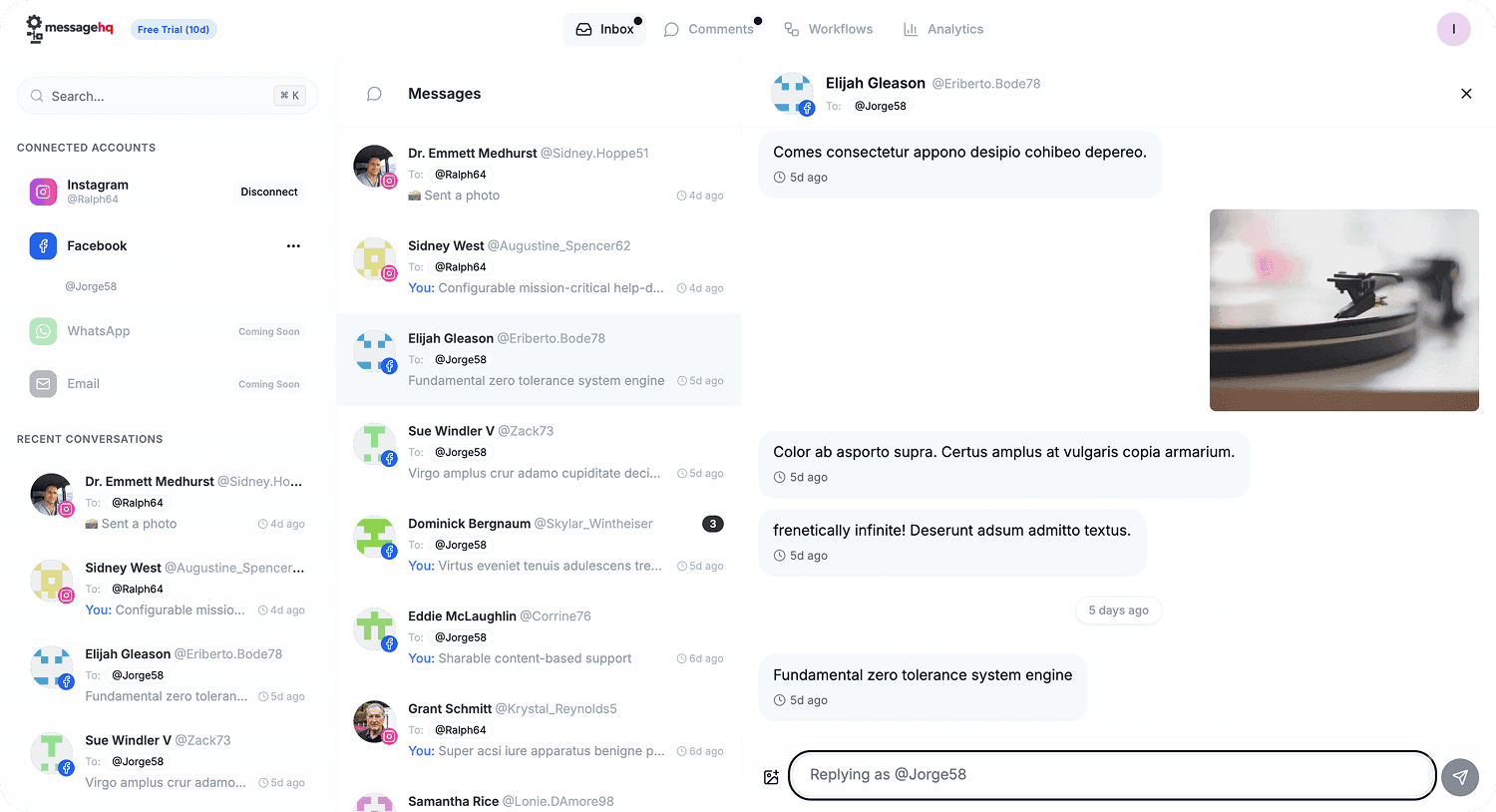 messagehq unified inbox showing Instagram and Facebook messages in one place
